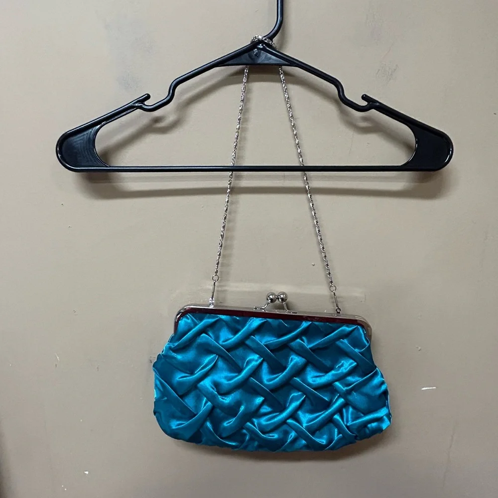 Jessica McClintock Teal Satin Purse Evening Bag Kiss Lock NWT - Picture 2 of 8